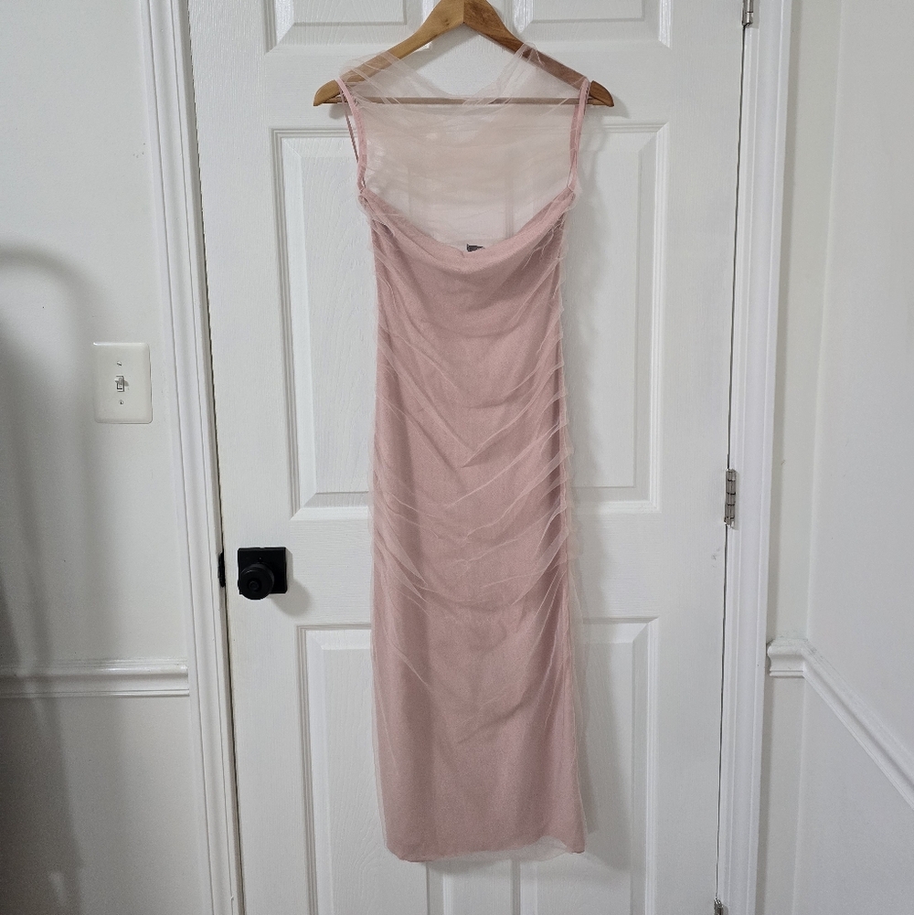 Zara Pink Mesh Bodycon Midi Dress New Size L - Picture 2 of 8